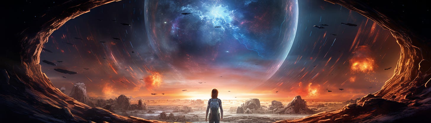 a woman with a backpack stares at an alien landscape with a strange galaxy encased in a transparent orb in the distance