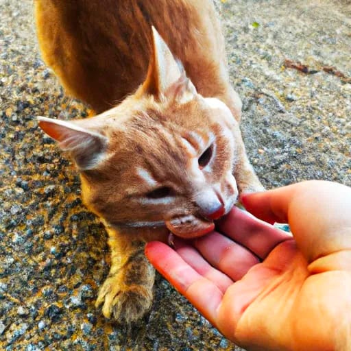 AI created picture of an orange tabby biting a human hand.