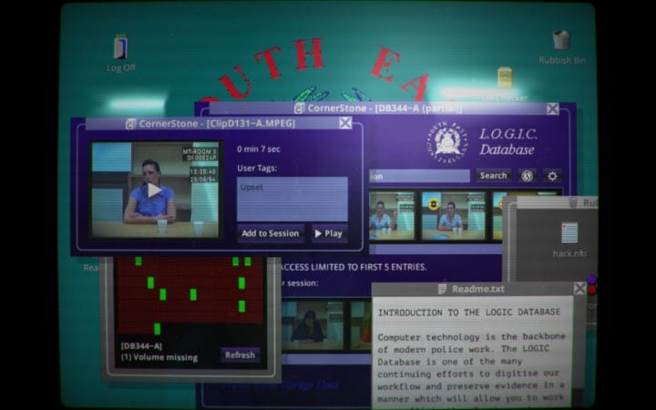 A picture of Her Story's interface showing the database interface players use to navigate the video clips.