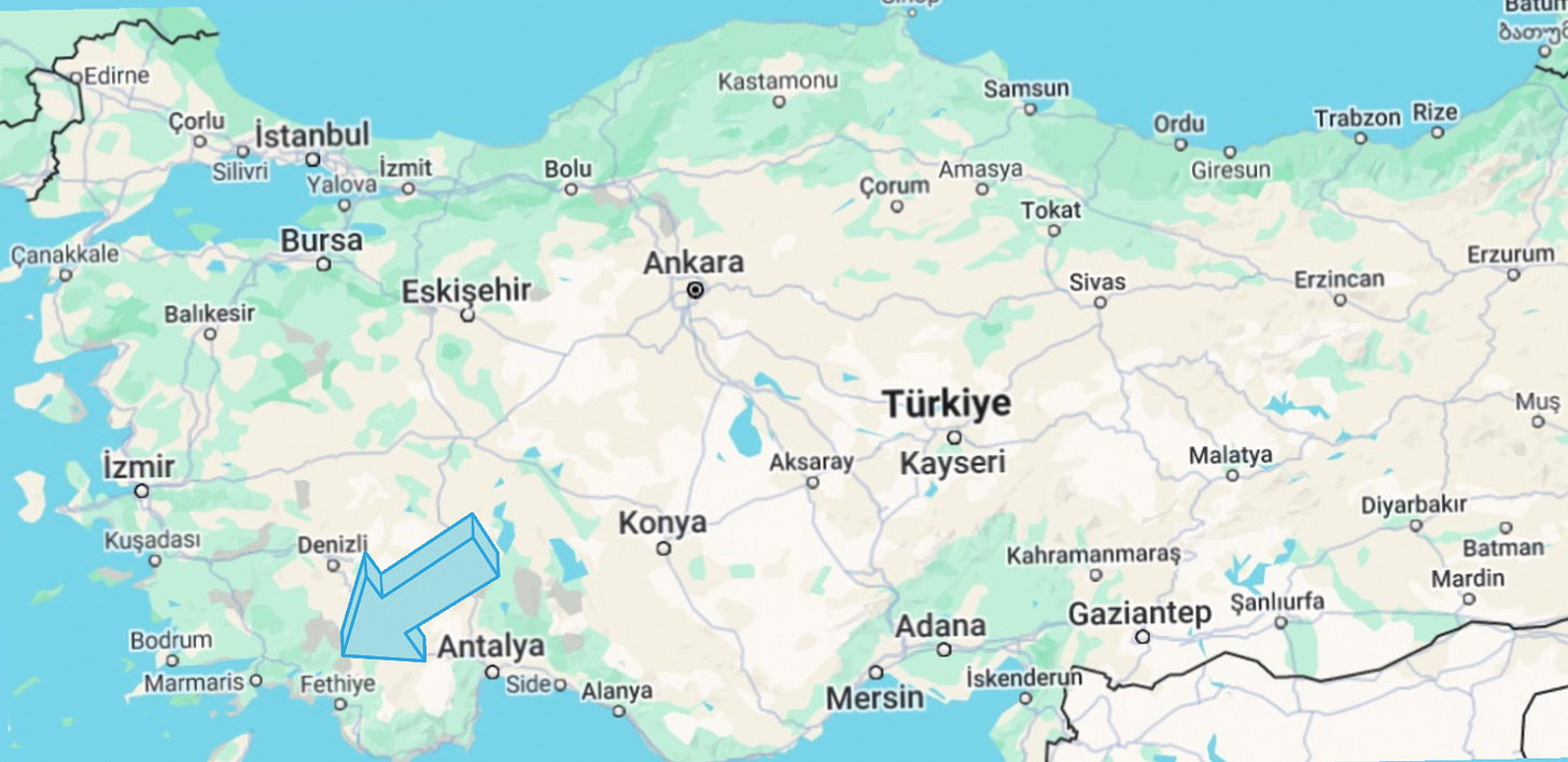 A map showing the location of Fethiye, Turkey.