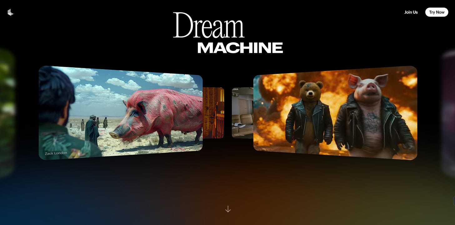 Luma Dream Machine front page. AI video tool with image-to-video capabilities.