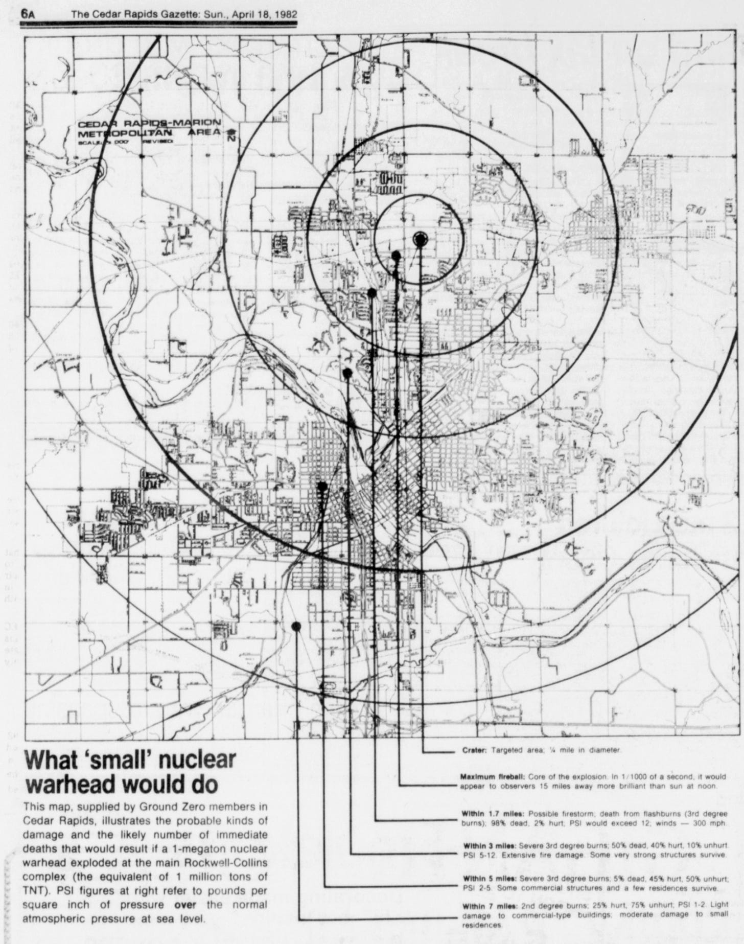 1982 newspaper clipping with a map of Cedar Rapids & a nuclear destruction zone drawn on it in concentric circles from Rockwell Collins