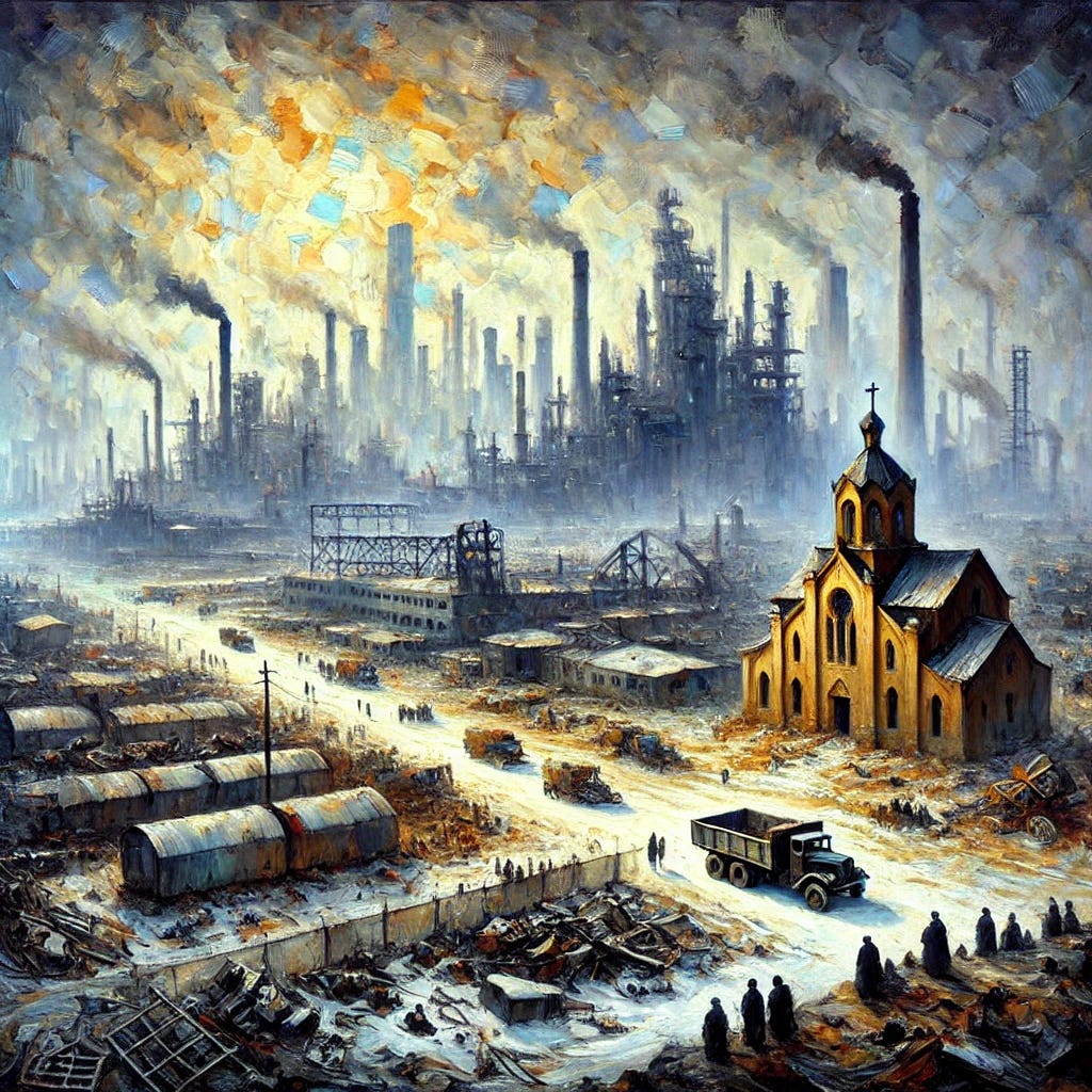 An impressionist oil painting capturing the decline of Western industrial capacity and global influence, represented symbolically. The artwork features a stark industrial landscape with empty factories and broken machinery under a gloomy, overcast sky, symbolising the hollow nature of Western economies. In the foreground, faded Protestant church ruins lie in disrepair, symbolising the loss of traditional moral frameworks. A stark juxtaposition is provided by vibrant, bustling Russian factories in the background, symbolising resilience and strategic adaptation. In the distance, shadowy figures symbolising diverse yet fragmented leadership observe passively. The composition blends rich, expressive brushstrokes and muted yet dramatic tones to evoke a sense of decline and transformation.