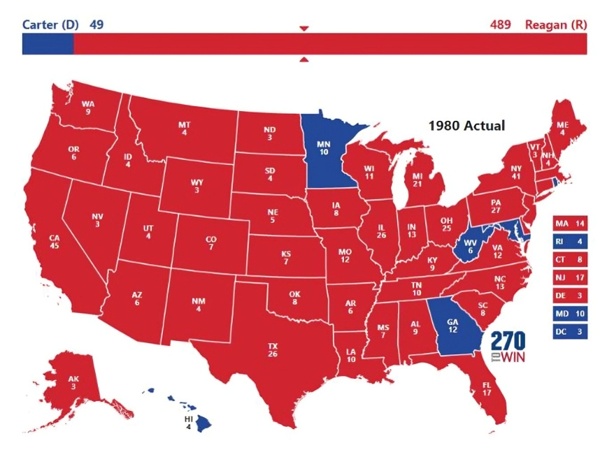 A map depicting Ronald Reagan’s 1980 electoral victory over Jimmy Carter, where Reagan won the majority of states.