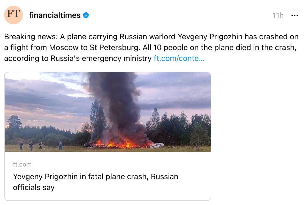 financialtimes's profile picture financialtimes 11h Breaking news: A plane carrying Russian warlord Yevgeny Prigozhin has crashed on a flight from Moscow to St Petersburg. All 10 people on the plane died in the crash, according to Russia's emergency ministry ft.com/conte… ft.com Yevgeny Prigozhin in fatal plane crash, Russian officials say