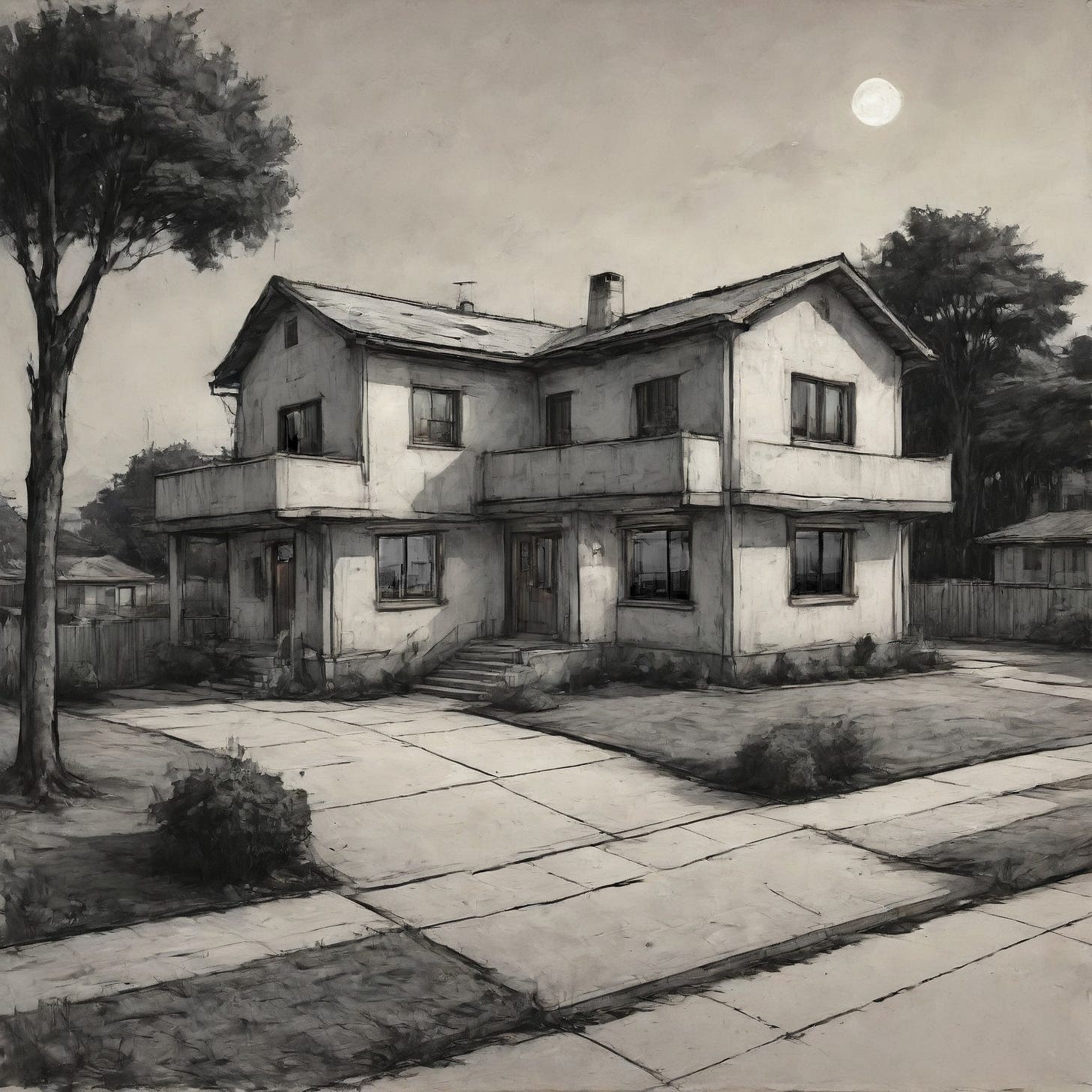 A charcoal drawing of an unlit two-story suburb house with clean white concrete walls, night time, clear skies