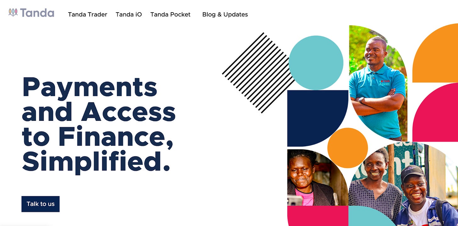 Image showing Tanda's home page with text "Payments and Access to Finance, Simplied."