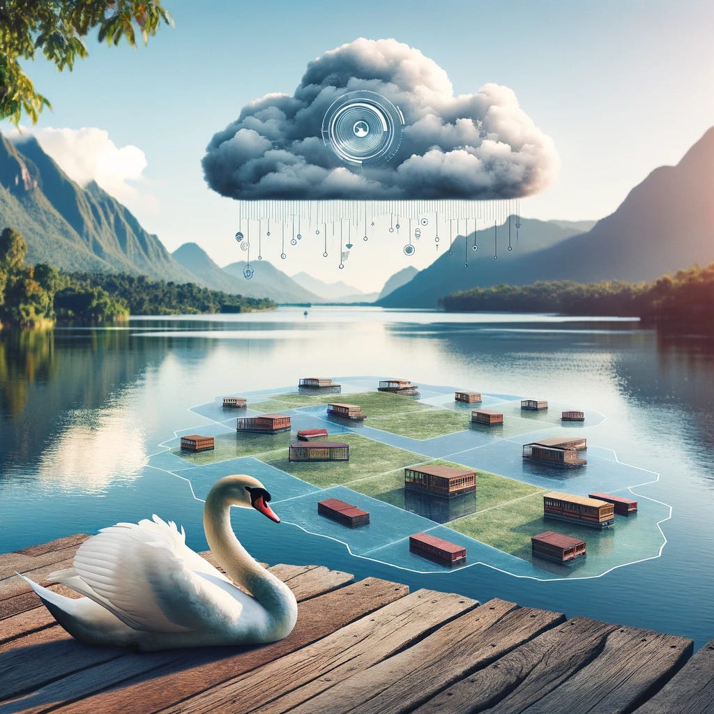 A serene lakeside scene depicting the use of DuckDB for geospatial data management in cloud computing, with a swan gracefully gliding over a digitally-enhanced lake that displays data layers and geographical information.