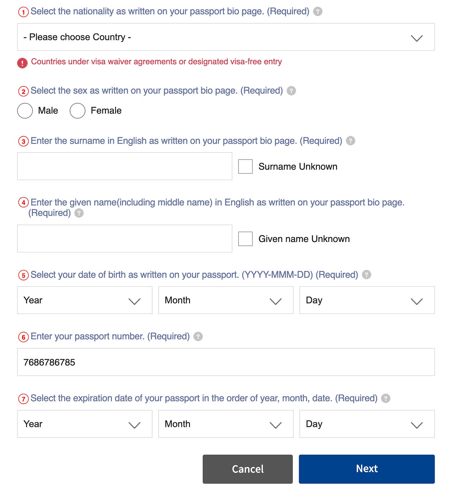 Form fields: nationality, sex, surname, given name, date of birth, passport name, passport expiration date. Each field accompanied by a "Required" text and a tooltip icon.