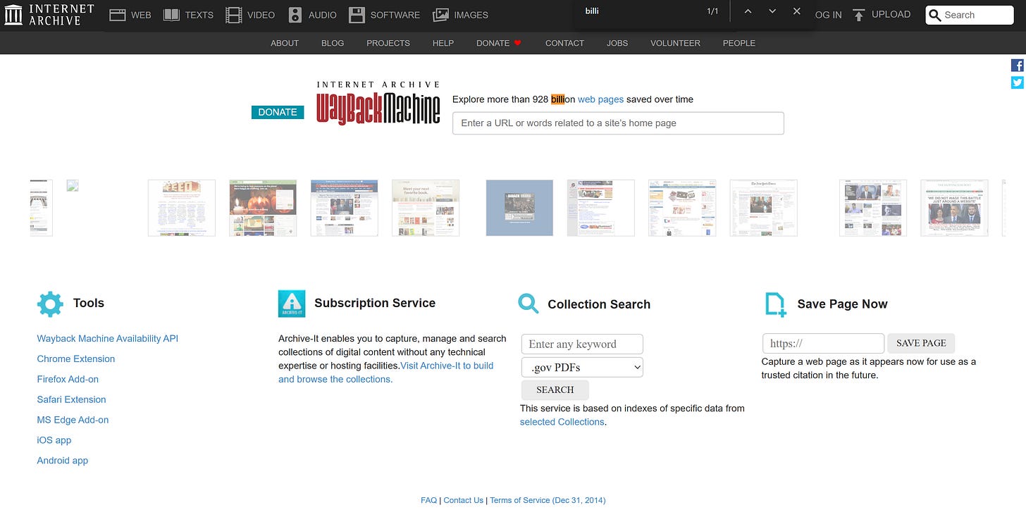 The home page of the Wayback Machine project