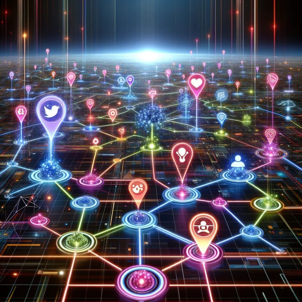 A futuristic digital landscape, with glowing neon pathways interconnecting various nodes representing different user actions such as clicks, reads, watches, plays, and purchases. The nodes are depicted as glowing orbs of different colors, each linked by luminous trails that weave throughout the scene, illustrating the complexity and interconnectedness of user action sequences in recommender systems. In the background, a vast digital horizon stretches out, symbolizing the expansive reach and potential of these systems to predict future actions based on past behaviors. The overall atmosphere is that of a vibrant, dynamic web of activity, pulsating with the potential of data-driven predictions.