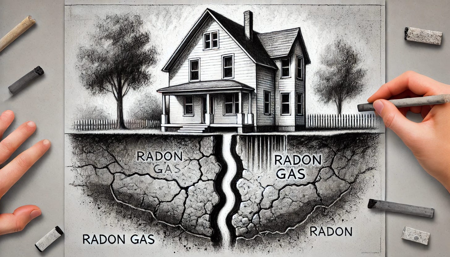 A grayscale hand-drawn illustration on paper using charcoal, depicting radon gas in a residential setting. The scene features a cross-section of a house with radon gas seeping through cracks in the foundation and soil. The gas is represented by soft, wavy charcoal shading to indicate its flow. The house and its foundation are detailed with textured, bold charcoal strokes, giving a realistic yet artistic feel. The illustration includes handwritten-style labels for the foundation, cracks, and radon gas for educational purposes. The overall aesthetic is monochromatic, with rich, authentic charcoal textures on paper.