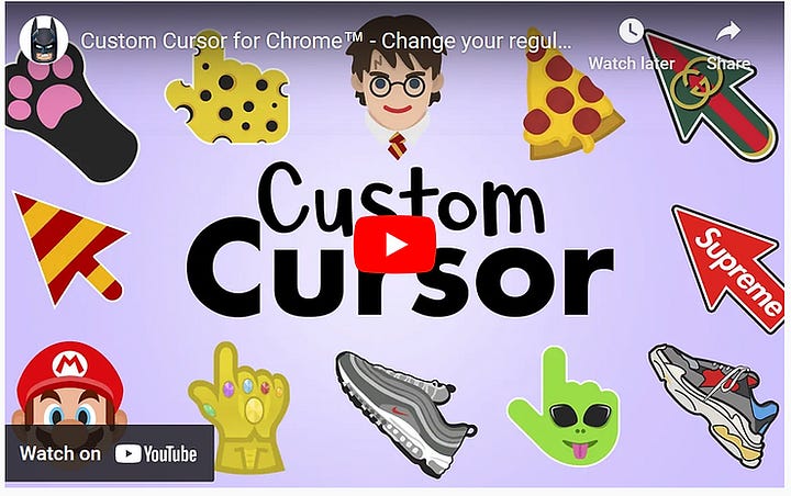thumbnail of custom cursors chrome extension showing custom design, heading, and an idea of benefit.