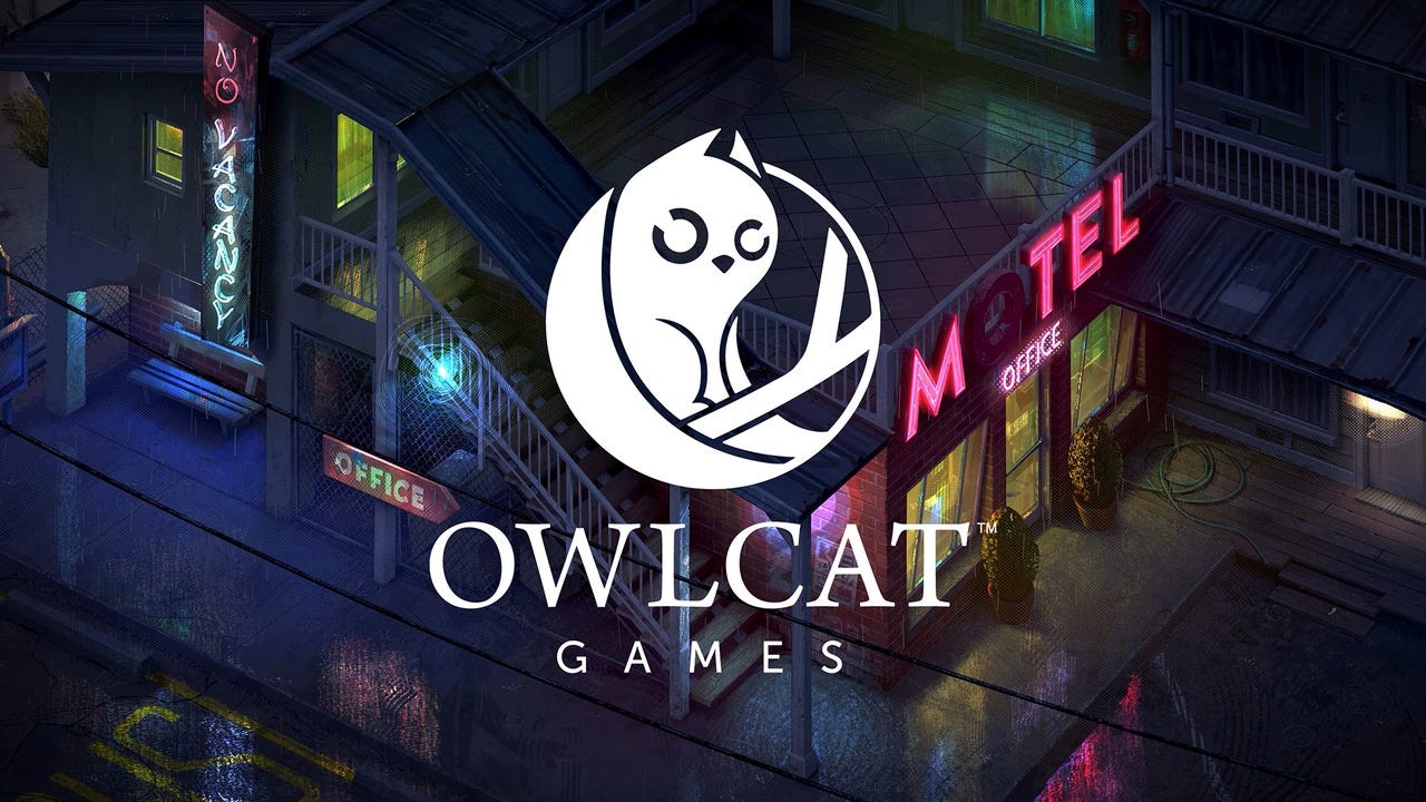 The logo for Owlcat games against a dark background lit by neon lights.