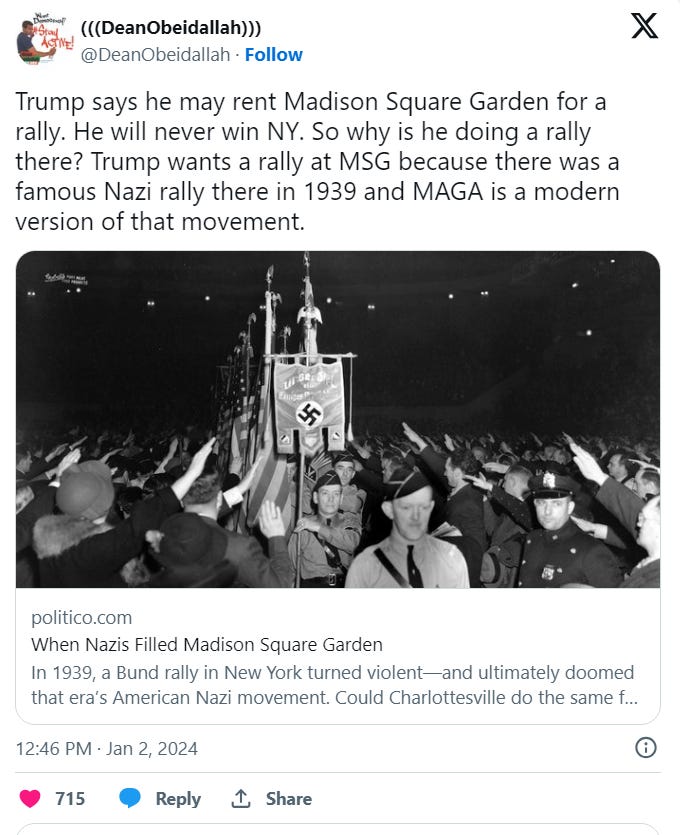 Trump says he may rent Madison Square Garden for a rally. He will never win NY. So why is he doing a rally there? Trump wants a rally at MSG because there was a famous Nazi rally there in 1939 and MAGA is a modern version of that movement.