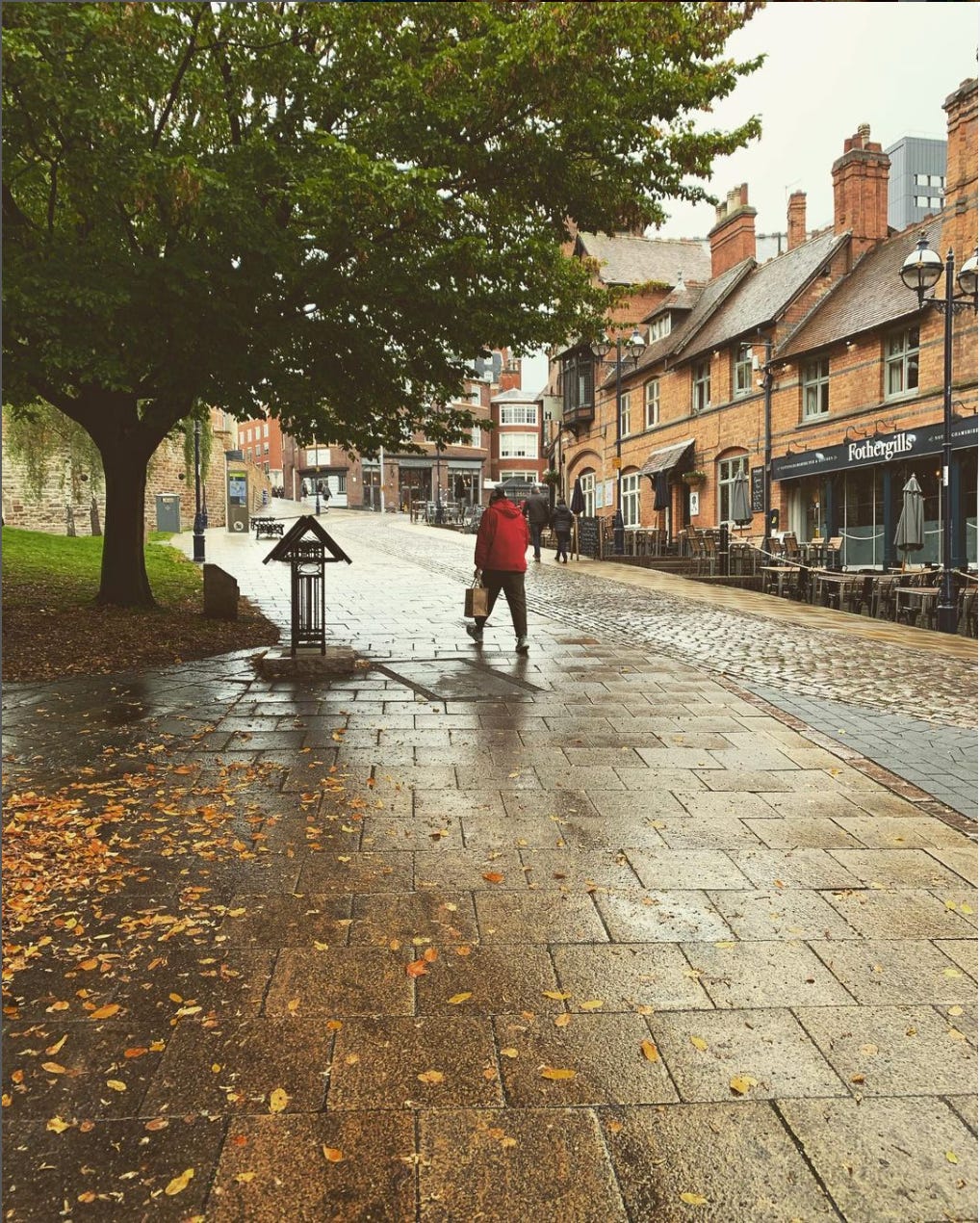 A person in a red raincoat walks up a wet cobblestone street with green space on one side and brick restaurants on the other