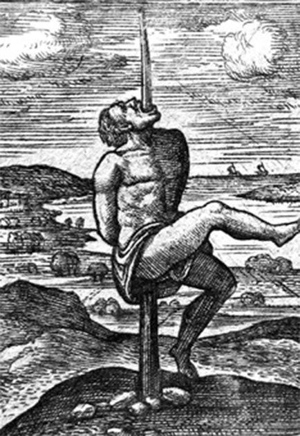 Engraving of a vertical impalement by Justus Lipsius (1593) (Public Domain)