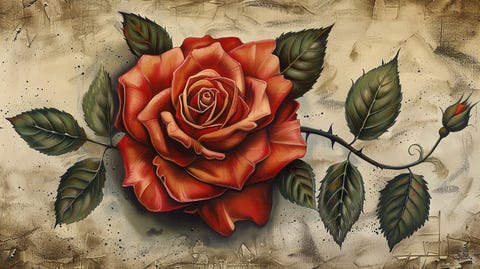A red rose tattoo featuring a gradient of warm colors and delicate shading.