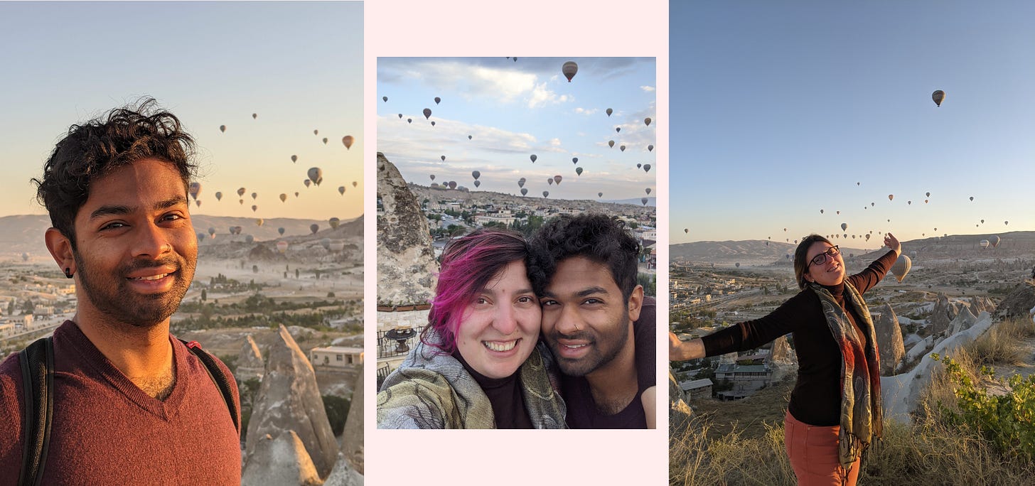 Three images of hot air balloons rising at sunrise in the background, with Aseef and myself in the foreground looking prominently adorable.