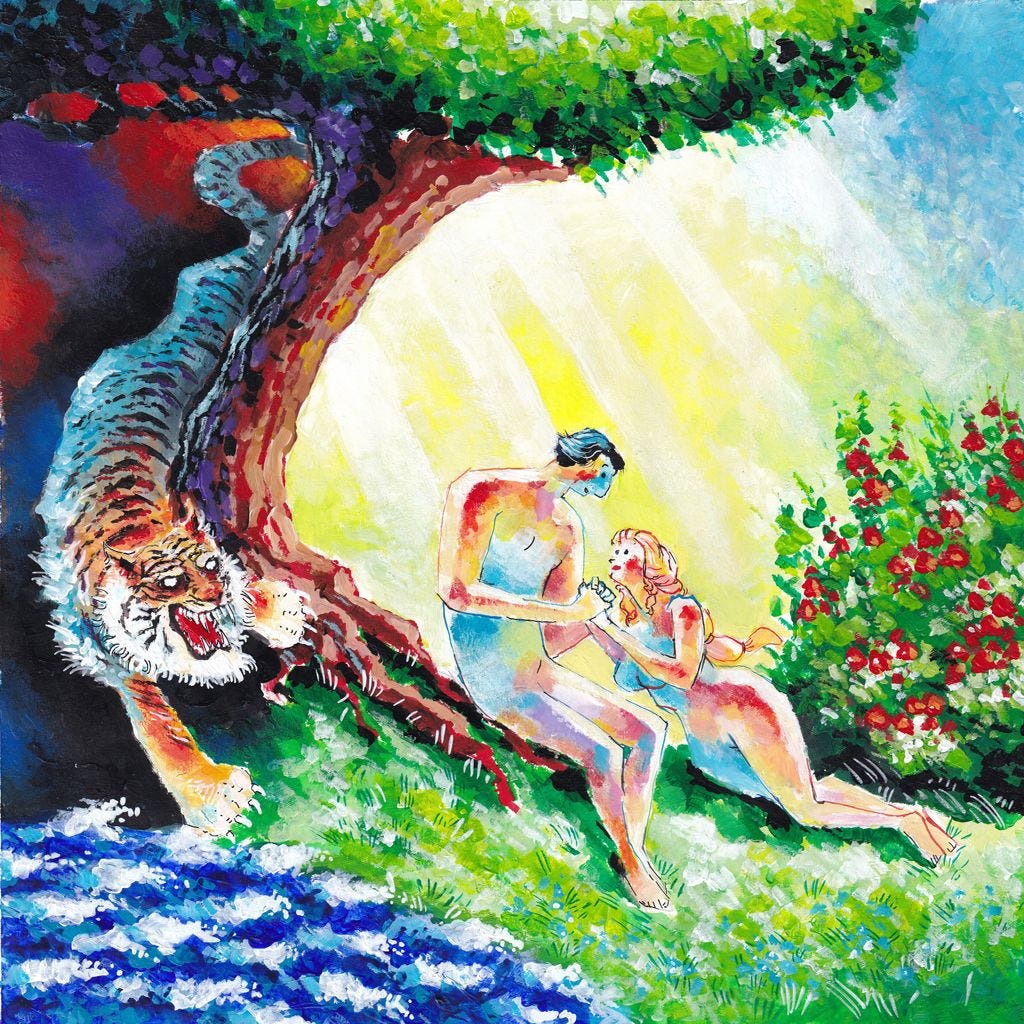 brightly coloured painting of nude Adam and Eve embracing under at tree, behind with a tiger serpent roars