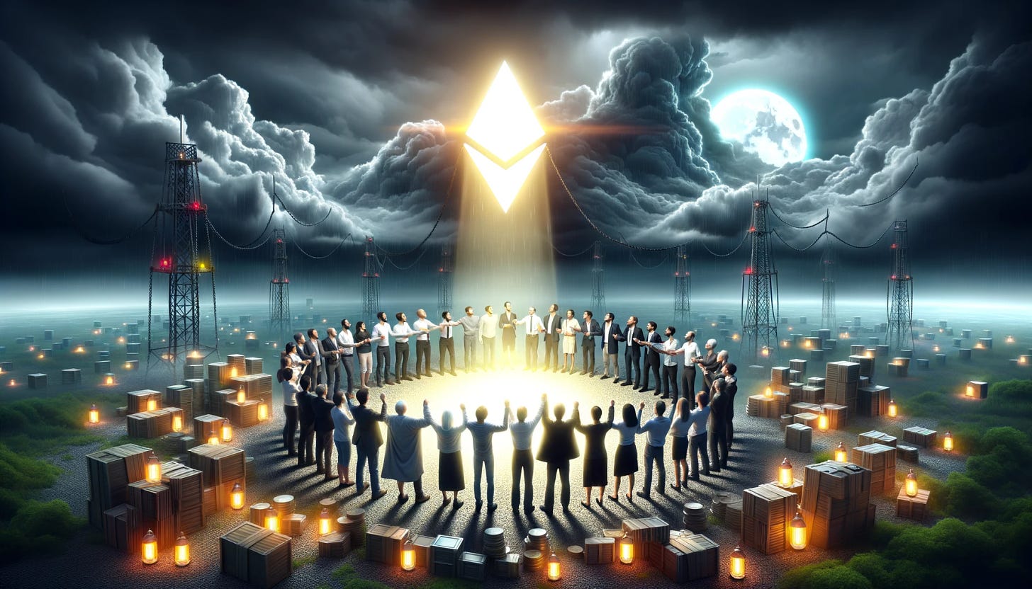 Photo of game developers and stakeholders of different backgrounds, united in their belief in onchain gaming. They're gathered closely around a glowing beacon, with stormy skies looming in the background, emphasizing the obstacles they're set to overcome.