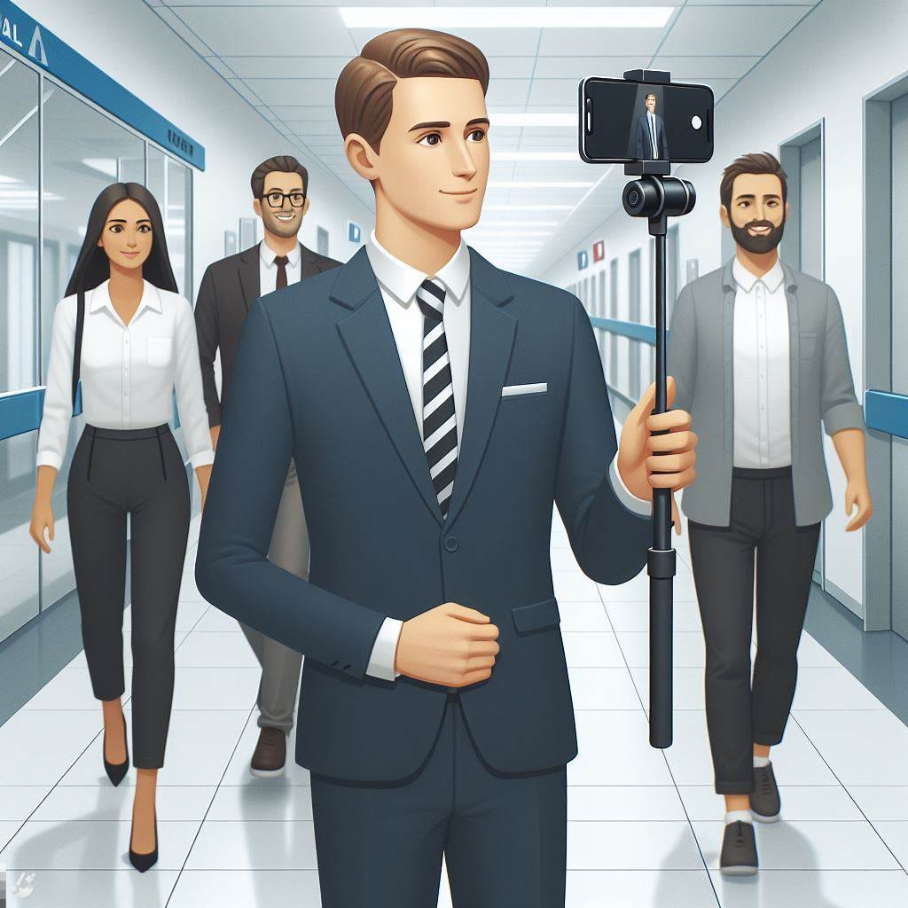 A white male leader in a suit walking the halways in the hospital with two others from his digital team wearing business casual wear. One of them is in the background holding an iPhone on a gimble filming the event. There is also a fourth female in business casual wear walking with them. The user wants to have one of the team members in the background holding the iphone on a gimble and add a fourth female in business casual.