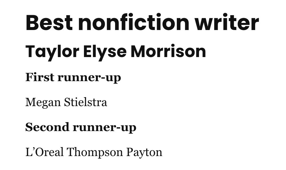 Screenshot from Chicago Reader's Best of Chicago poll for Best nonfiction writer Taylor Elyse Morrison First runner-up  Megan Stielstra  Second runner-up  L’Oreal Thompson Payton
