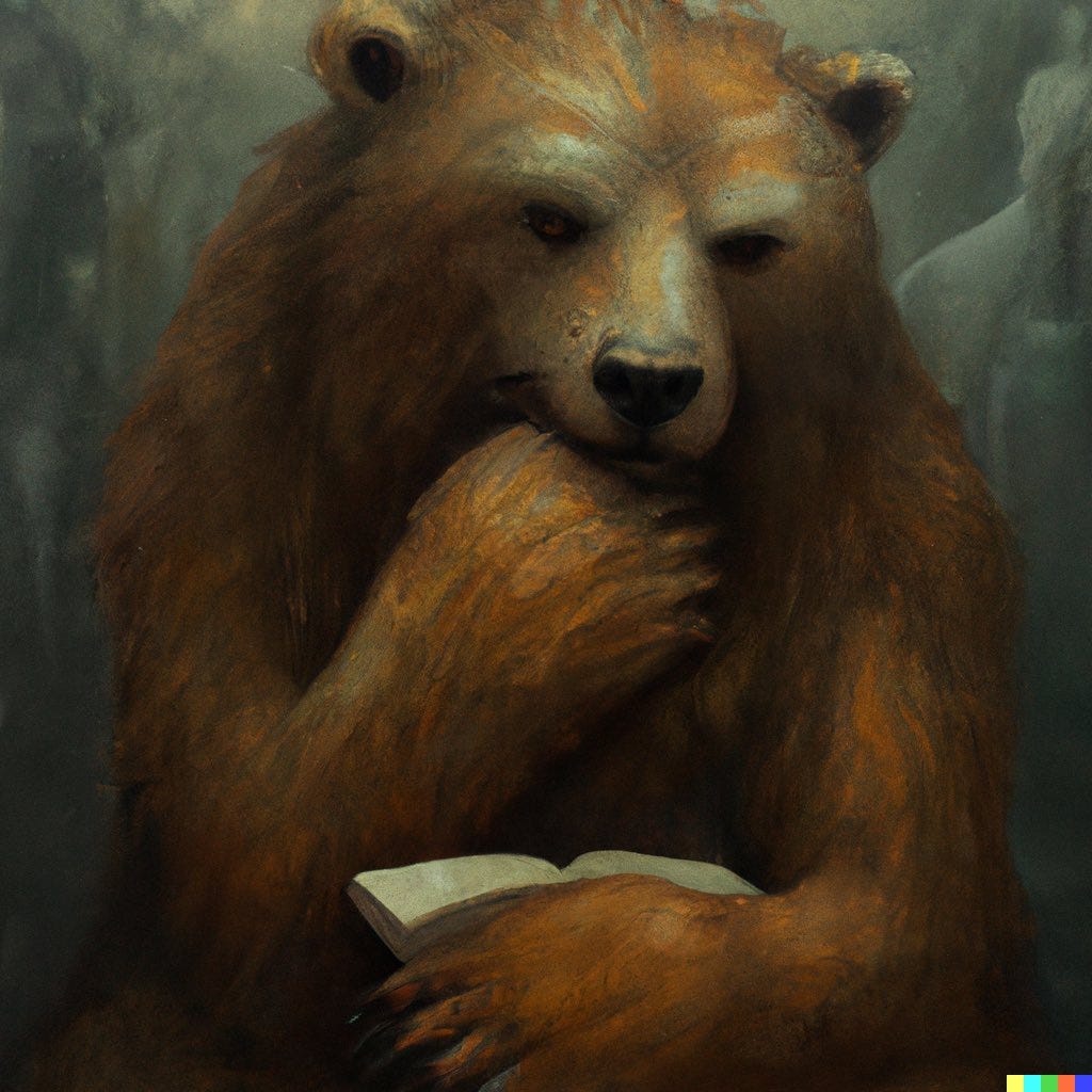 Uživatel Lapine na Twitteru: „@sumdepony Wish granted! “A pondering  philosophical grizzly bear, digital art” #dalle https://t.co/3hj1QxMBHn“ /  Twitter