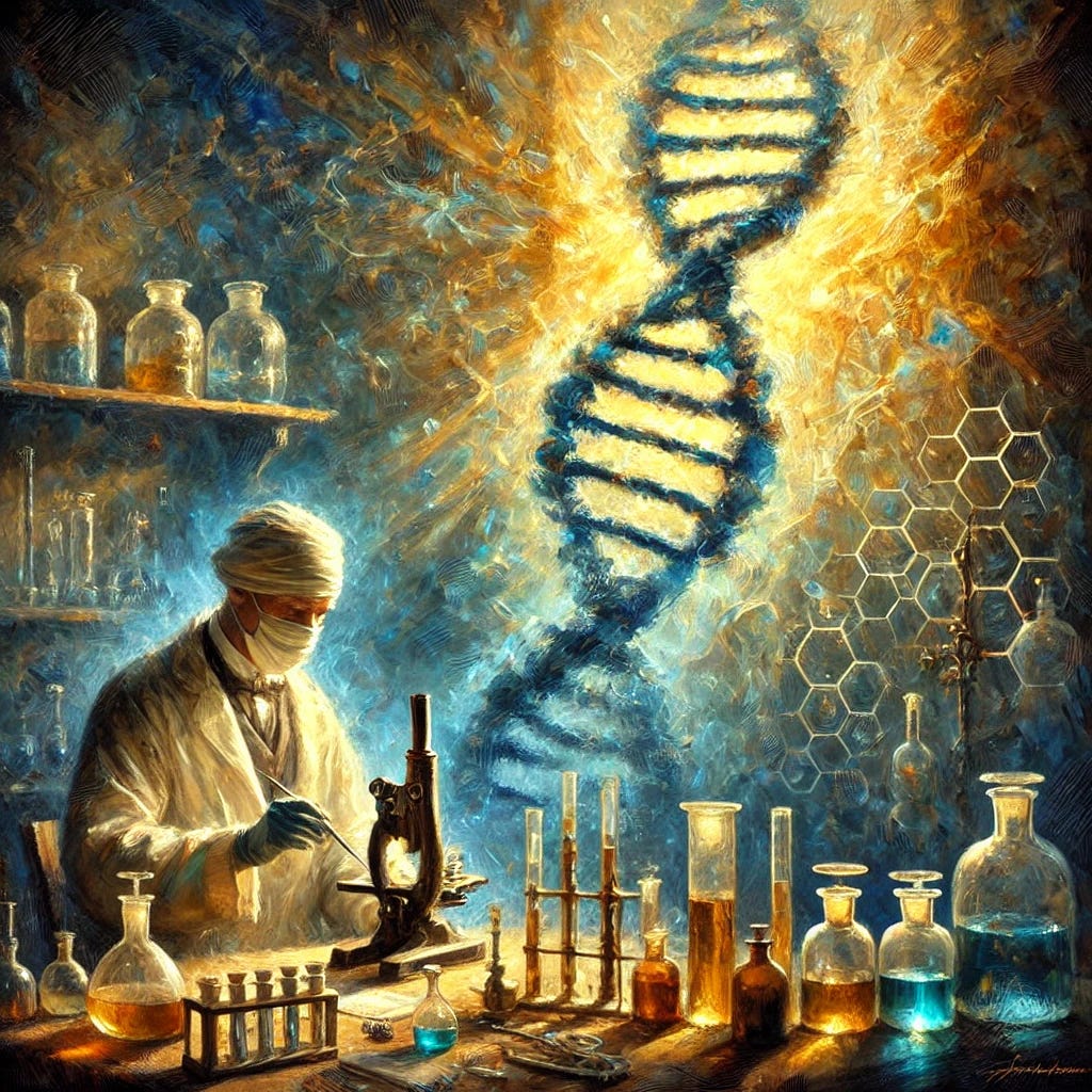 An impressionist oil painting with thick, expressive strokes illustrating the history and mystery of DNA research. The scene features a scientist in a 19th-century lab working with surgical bandages, surrounded by vials, microscopes, and early chemical equipment. A hazy double helix structure rises ethereally in the background, composed of abstract light and shadow. The colours are rich and dramatic, blending deep blues, glowing golds, and muted greens to create a reflective and enigmatic mood. The painting conveys the interplay between discovery, uncertainty, and the evolving understanding of DNA's structure.