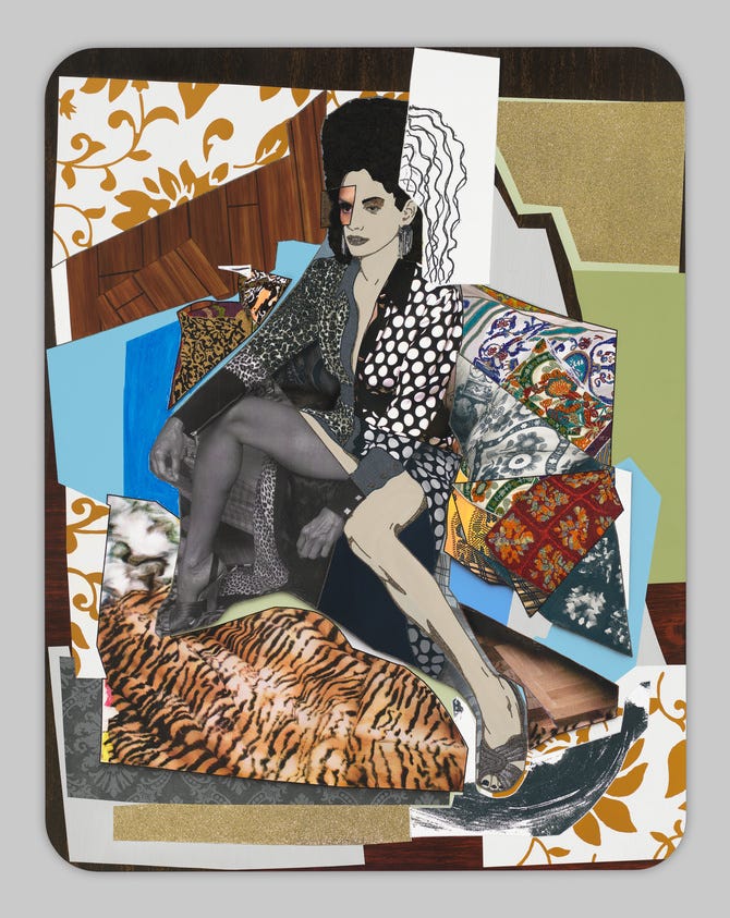 On a collaged background with vibrant colors and patterns, a black collaged seated woman with splayed legs and voluminous dark hair. Half of her hair is a drawing, and she is wearing a multi-patterned dress. On a collaged background with vibrant colors and patterns, a black collaged seated woman with splayed legs and voluminous dark hair. Half of her hair is a drawing, and she is wearing a multi-patterned dress.