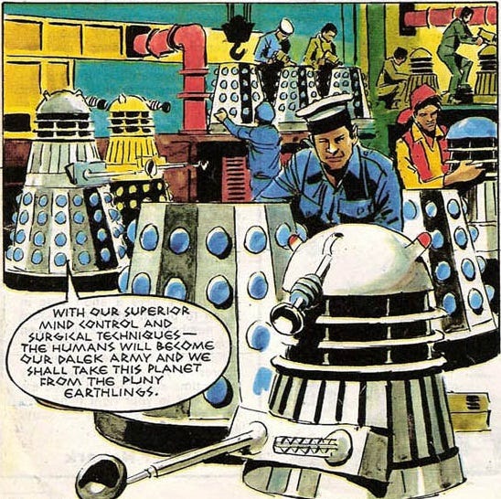 Daleks being built by mind-controlled human sailors in *Sub Zero
