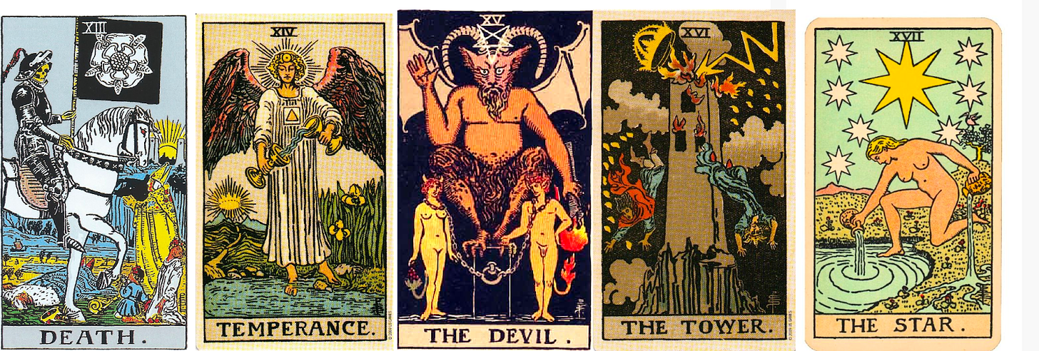 Cartas do tarô de Pamela Smith: Morte, Temperança, Diabo, Torre e Estrela.