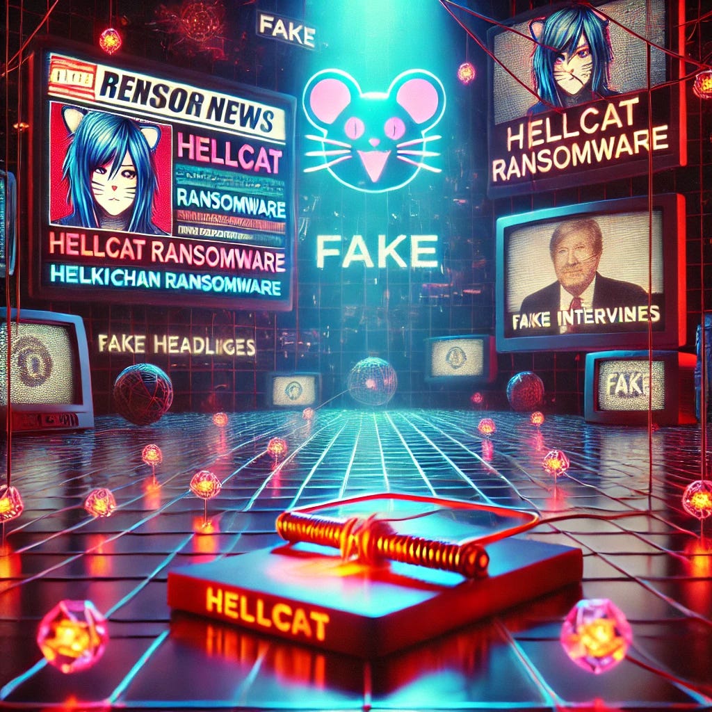 An intense conceptual image showing a digital cat-and-mouse game, with a glowing cyber mouse trap in the foreground labeled 'HellCat Ransomware,' symbolizing deceit. In the background, screens display fake headlines and interviews with Hikki-Chan, surrounded by a web of digital connections representing misinformation. The atmosphere is cyberpunk-style, featuring glowing red and blue hues with a gritty and surreal digital aesthetic, aimed to intrigue and captivate.