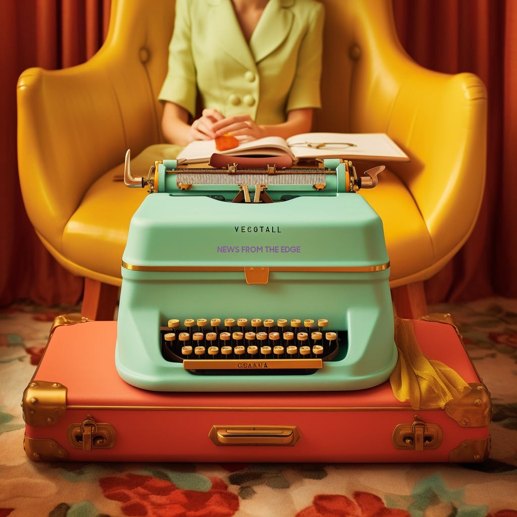 green typewriter in front of a woman on a yellow leather wing chair