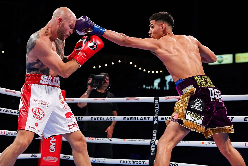 August 31, 2024, Carson, California, USA; Diego Pacheco and Maciej Sulecki during their fight on Saturday, August 31, 2024 at Dignity Health Sports Park in Carson, California. Mandatory Credit: Melina Pizano/Matchroom.