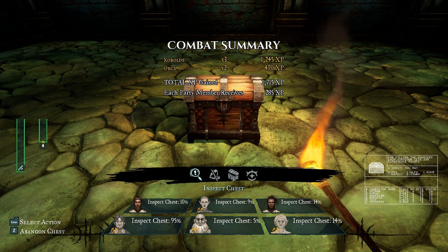 A screenshot of the game Wizardry: Proving Grounds of the Mad Overlord showing the after-battle COMBAT SUMMARY and a chest to be inspected and opened.