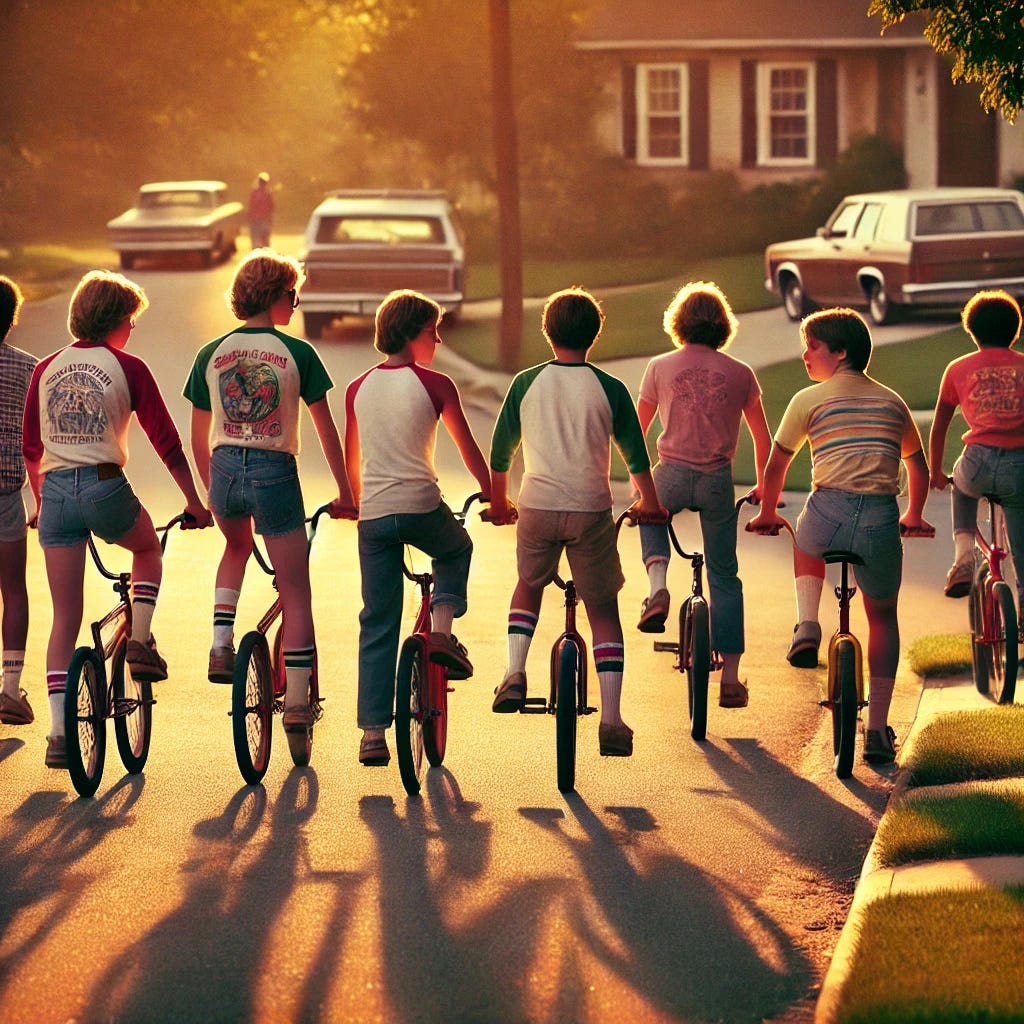 A group of boys, aged 10 to 13, riding their bikes away from the camera down a suburban street in the 1980s. Their faces are not visible, only their backs and silhouettes. They wear classic 80s attire—graphic t-shirts, jean shorts, tube socks, and sneakers. Their BMX bikes have bright colors, pegs, and number plates. The warm glow of a late afternoon sun casts long shadows. The neighborhood features vintage cars, wood-paneled station wagons, and houses with large front lawns, evoking a nostalgic 80s atmosphere.