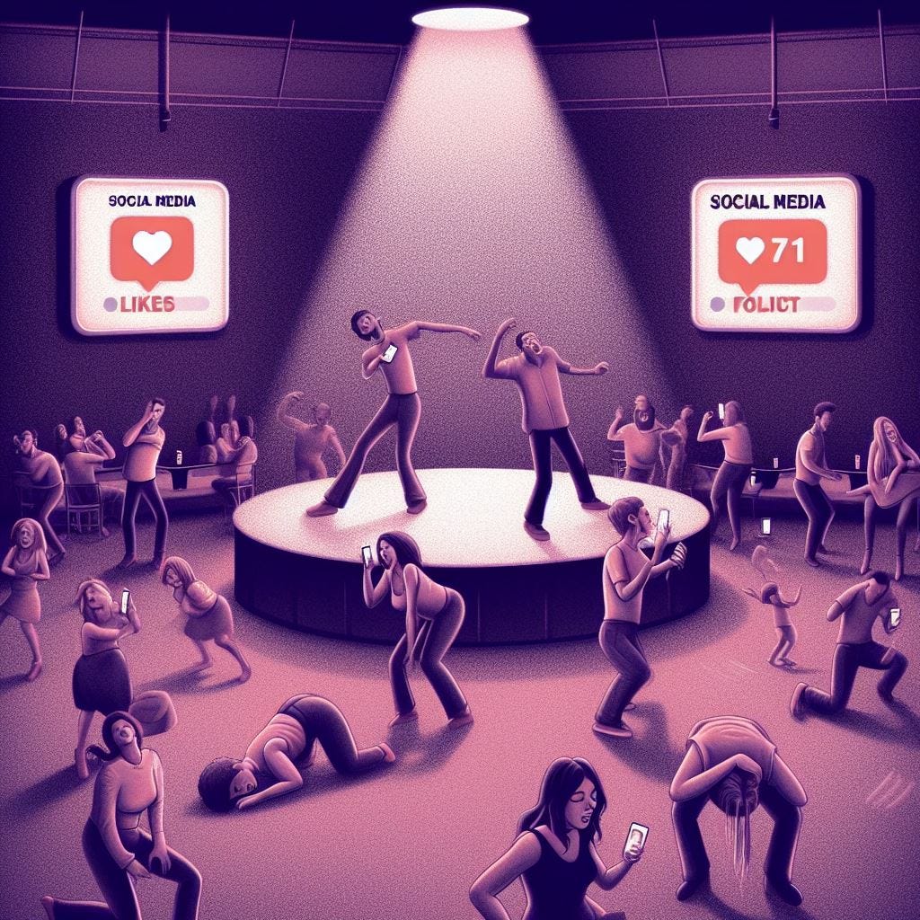 An illustration of social media platforms as dance bars where people are dancing and grinding for social media likes, shares and attention.  People are dancing even if they are tired and delirious because they crave the attention. Ok, but make it a little dark, foreboding and slightly dystopian 