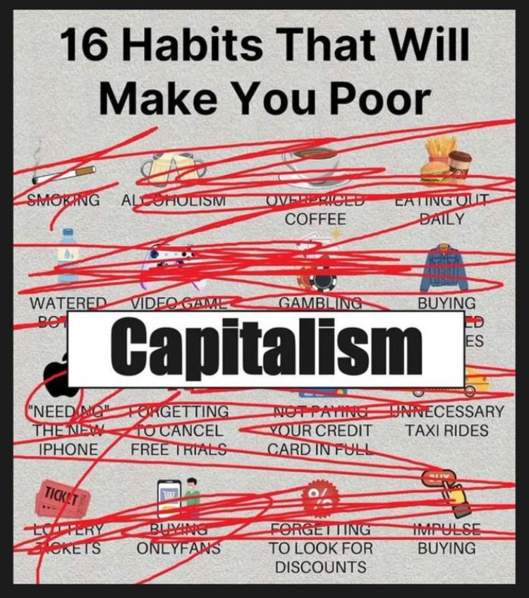 In bold, black letters it says 16 habits that will make you poor." In the background are ideas such as "buying lottery tickets" and "impulse buying." They are all scratched out in red and the word Capitalism is written in black in the middle."