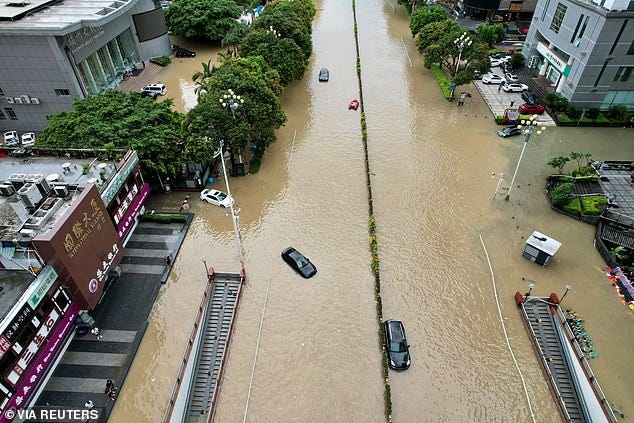An aerial view shows flooding in Fuzhou after Typhoon Doksuri made landfall and brought heavy rainfall. As scientists already know, climate change results in more intense rainfall because warmer air can hold more moisture. And because rainfall is increasing on average across the world, the chances of flooding are getting higher