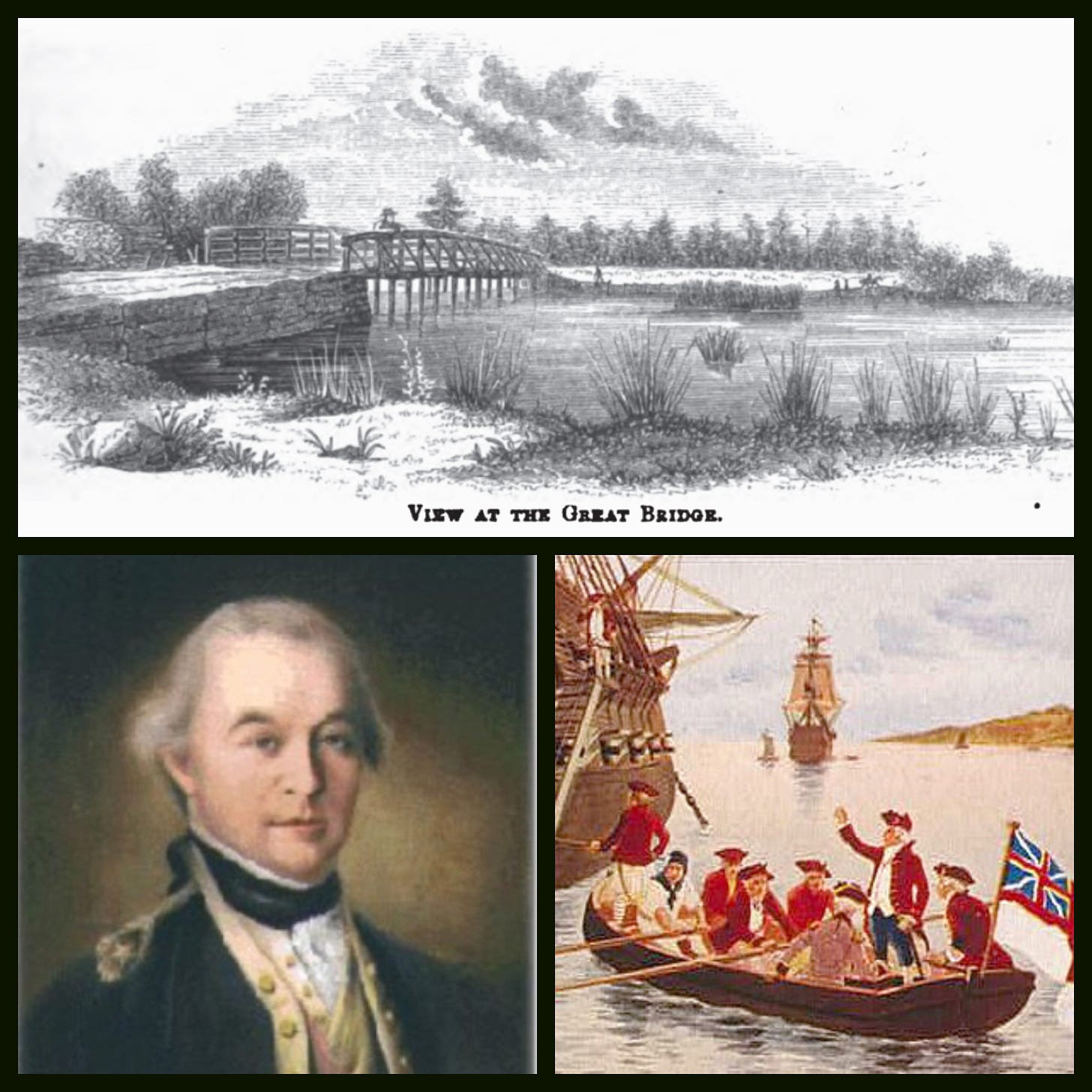 Collage of pictures: A sketch of the Great Bridge; a portrait of William Woodford; and the flight of Lord Dunmore