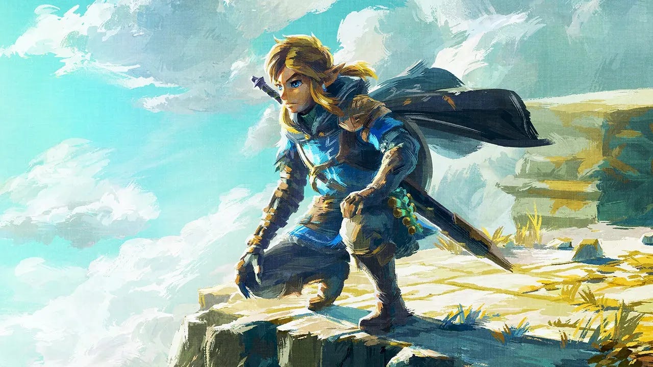 Link from Legend of Zelda: Tears of the Kingdom crouching on a ledge looking out into the sky