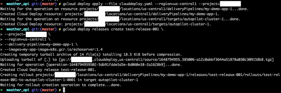 Screenshot of terminal with inputs to create a cloud deploy instance and the output from GCP.