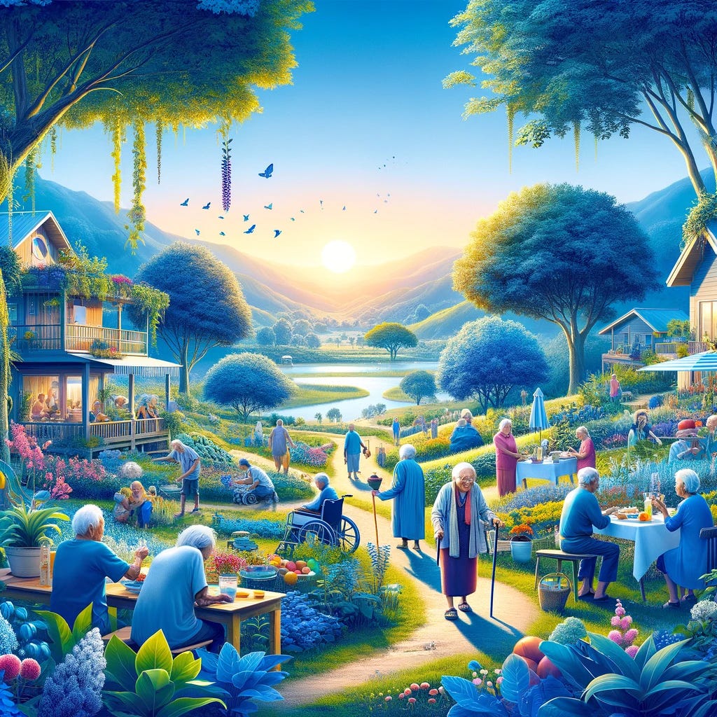 A serene and vibrant depiction of life in a Blue Zone, showcasing elderly individuals engaging in various activities such as gardening, walking in nature, and sharing meals with family and friends. The setting is peaceful, with lush landscapes, clear skies, and a community atmosphere that emphasizes social connections, physical activity, and a close relationship with nature. The image captures the essence of longevity and well-being, highlighting the harmonious balance between lifestyle, environment, and health that defines Blue Zone living.