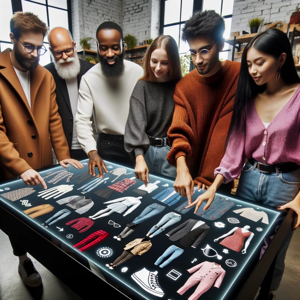 Photo of a diverse group of friends gathered around a large touch screen table, interacting with digital NFT fashion items and placing them on their avatars.