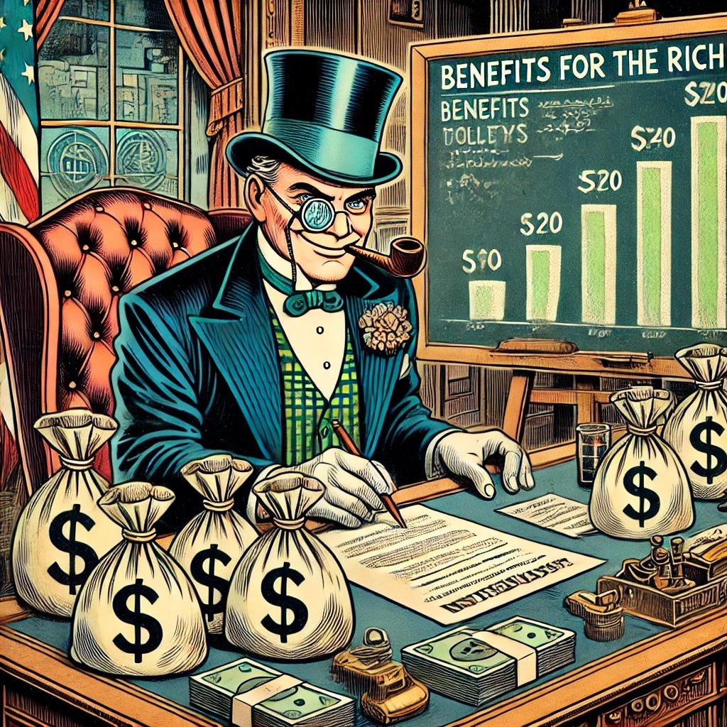 A 1930s comic book style illustration of a United States president drafting a budget that favors the wealthy. The president, dressed in a suit typical of the era, is sitting at an ornate desk cluttered with papers and money bags with dollar signs. Behind him, a chalkboard shows graphs and figures indicating benefits for the rich. The scene is set in a grand office with Art Deco elements. The president has an exaggerated, caricatured appearance, with a monocle, top hat, and a sly, villainous grin, reminiscent of a classic Monopoly character.