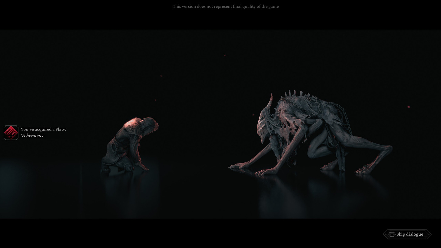 A screenshot of the game The Thaumaturge, showing the player character on his knees in front of a monstrous figure called a salutor.