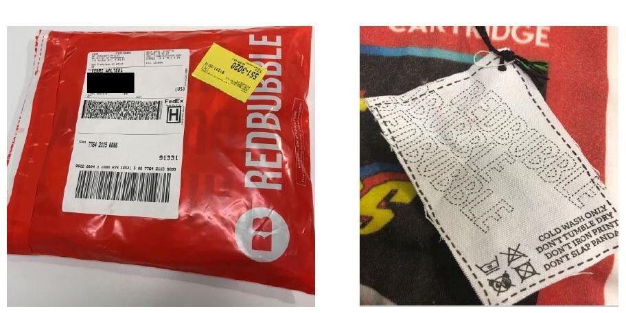 Redbubble product packaging and tag