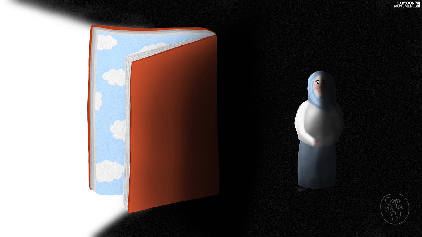 Cartoon showing a woman, standing next to a giant book. The book is open, casting light from its pages, but it is turned away from the woman, so she is half in light, light in darkness.