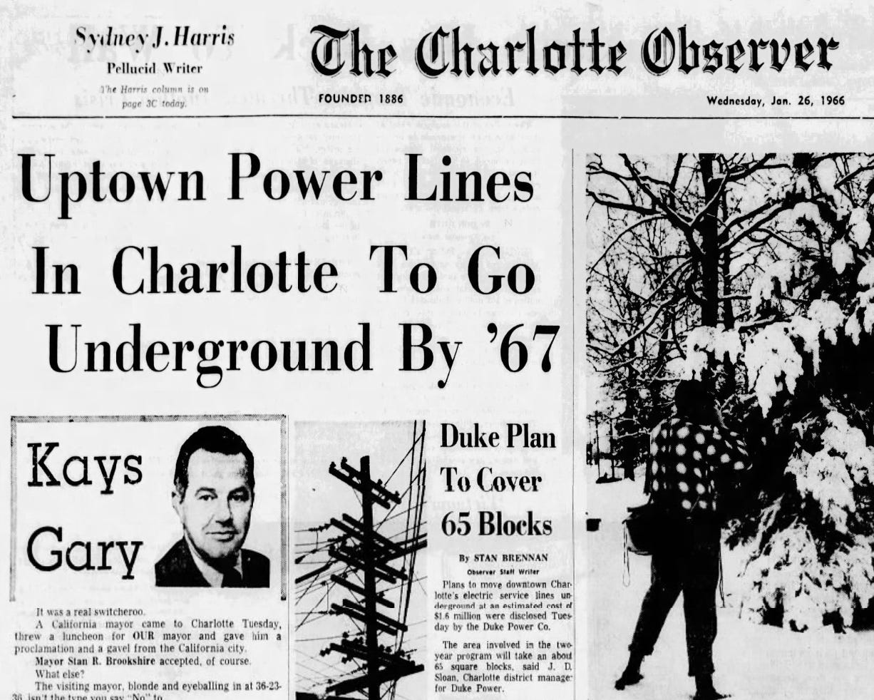 Charlotte Observer headline: "Uptown Power Lines in Charlotte To Go Underground by '67"
